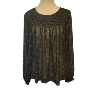 LOFT BLUE FLORAL PRINT SEMI SHEER SMOCKED LONG SLEEVE BLOUSE/ Size XS